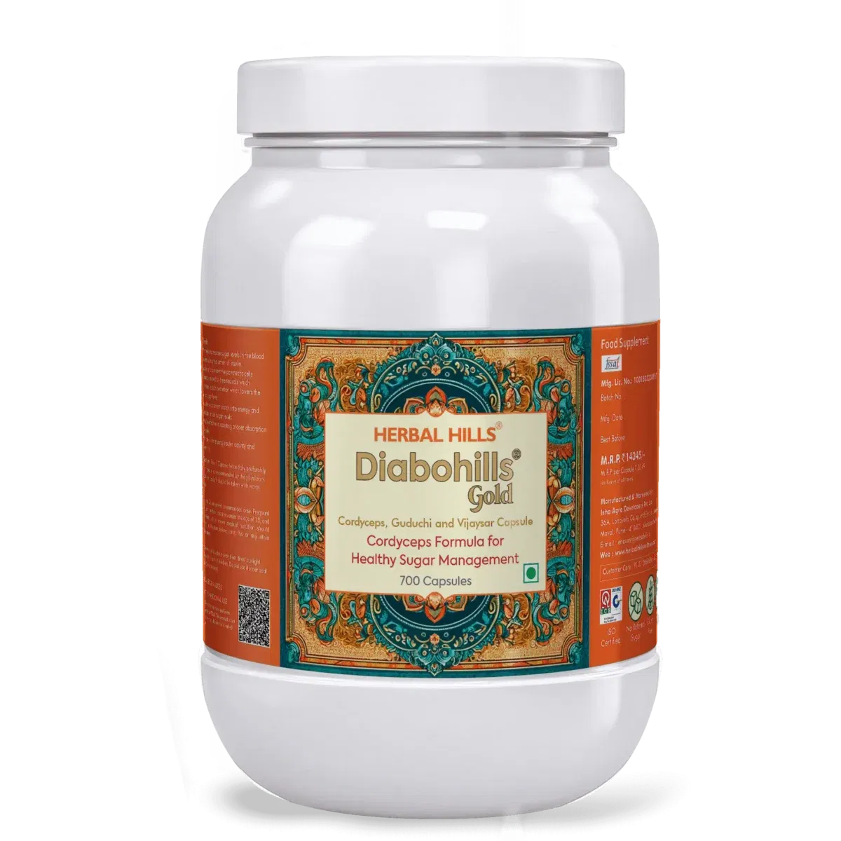 Herbal Hills Diabohills Cordyceps Capsules – Sugar Management Support - 700 Capsules - Image 1