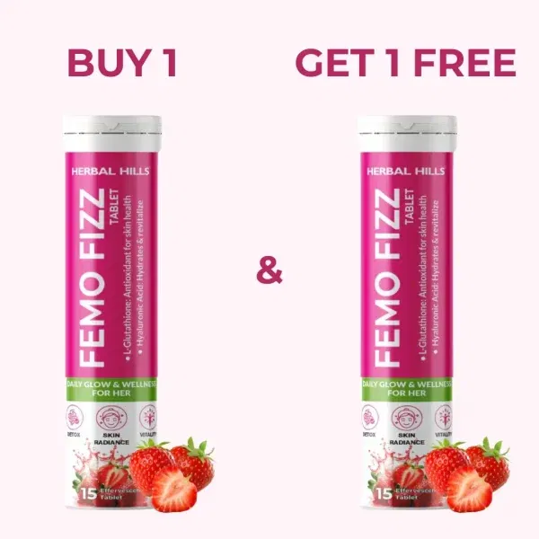 Femo Fizz Effervescent Tablets for Women – L-Glutathione, Hyaluronic Acid, Shatavari – Glowing Skin, Hormonal Balance & Daily Wellness – Strawberry Flavor – 15 Tablets